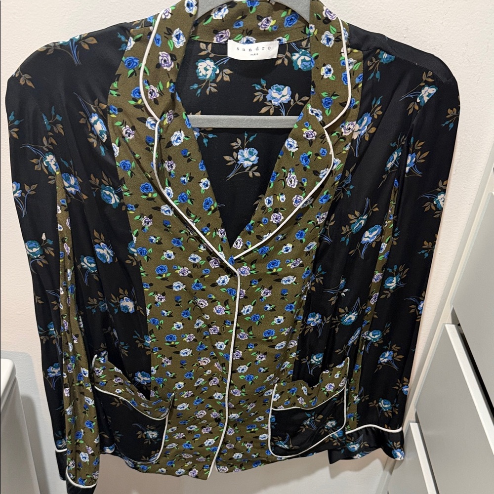 Sandro Black & Olive Silk Floral Button-Up Jacket